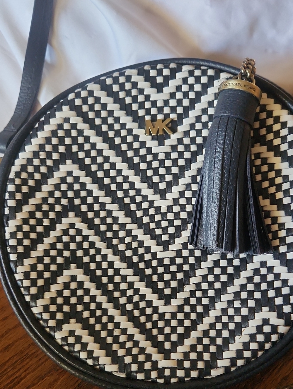 Michael Kors Black and White Chevron Round Crossbody with Tassel